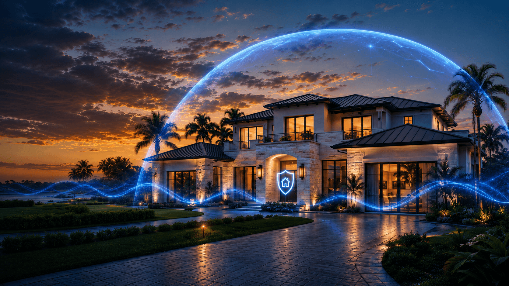Luxury Florida home protected by an EMF shielding dome at dusk